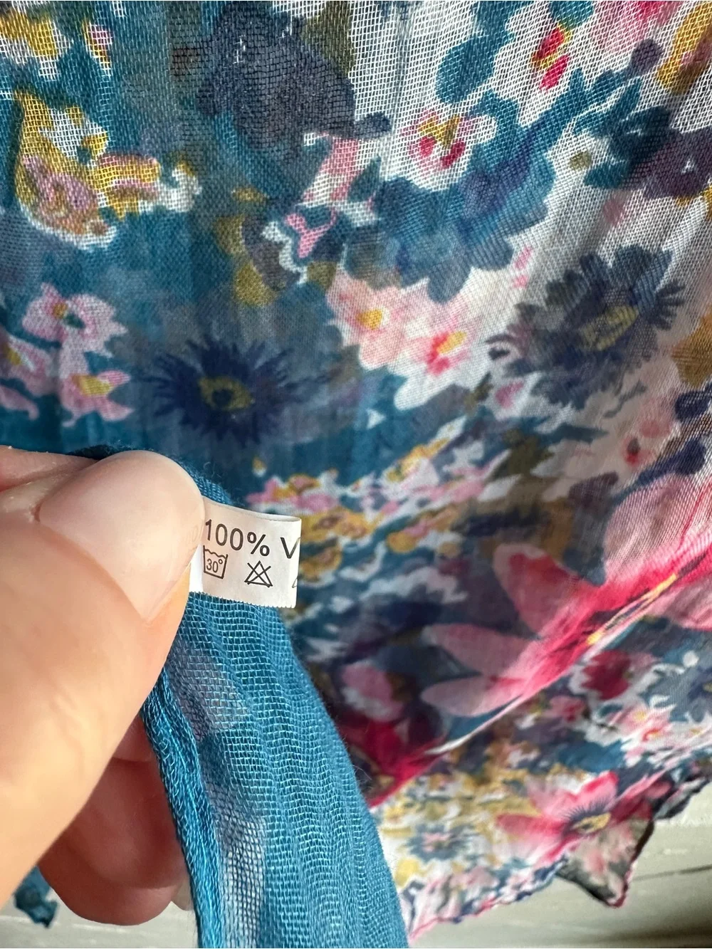 Floral Watercolor Viscose Scarf Blue Pink Sheer Boho Cottagecore Romantic 62x40
